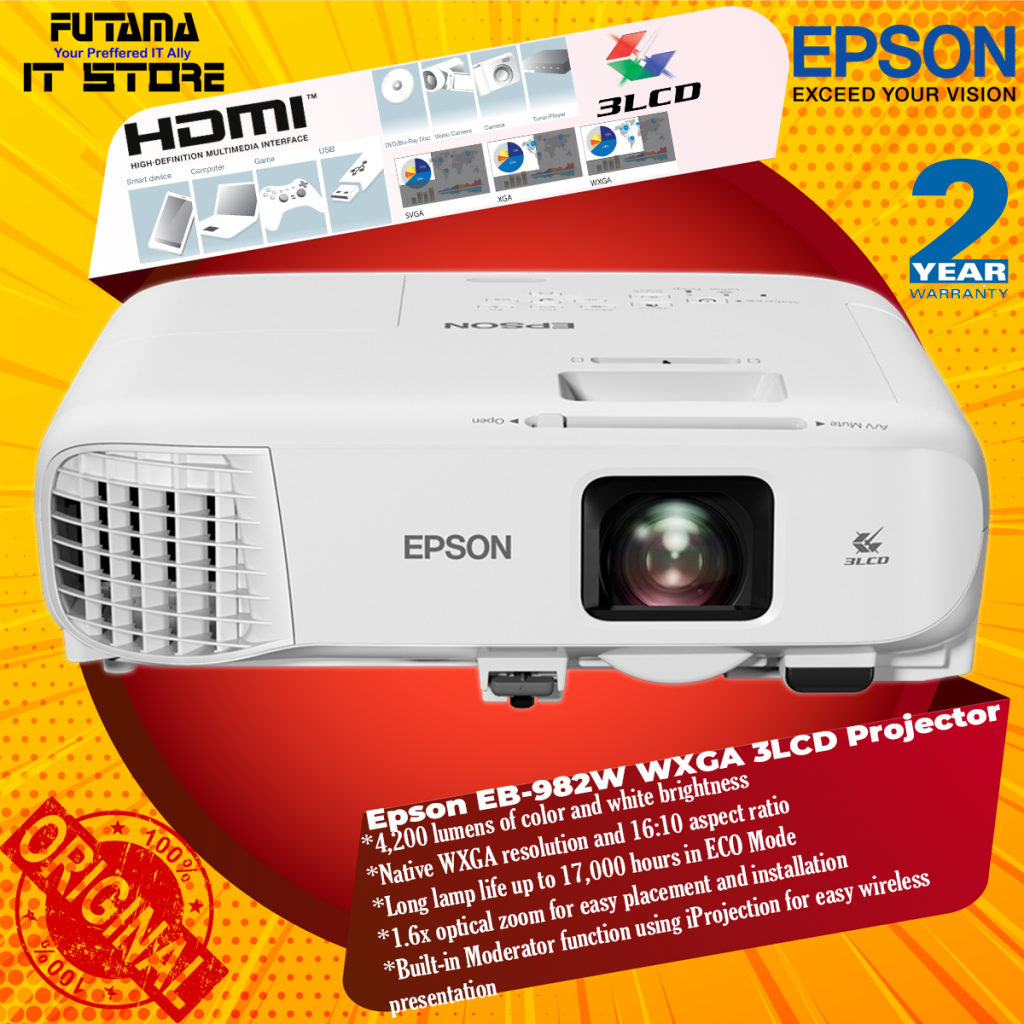 Epson EB982W WXGA 3LCD Projector/ 4,200 Lumens /17,000 Hours Lamp Life